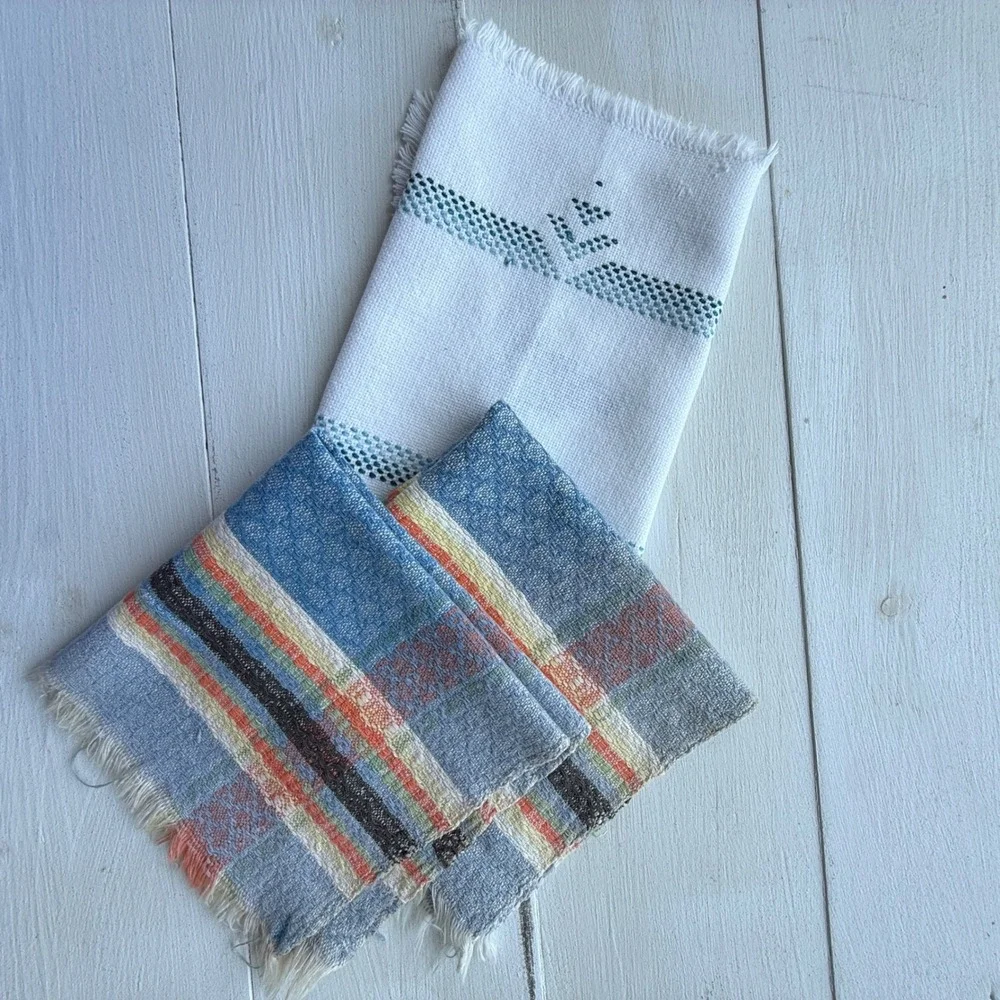 Vintage Woven Table Linens Blue Plaid and White Embroidered Fringed Napkins Set